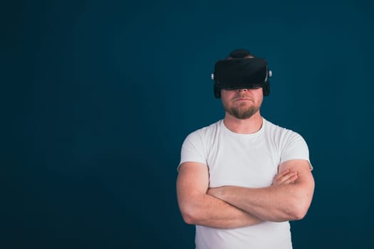 Metaverse digital cyber world technology. Man with VR glasses using AR augmented reality entertainment. NFT, game, futuristic lifestyle.