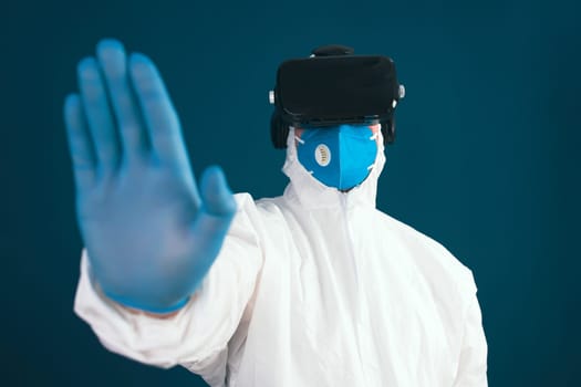 VR medicine. Doctor using virtual reality headset for medical purposes.