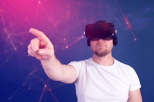 Metaverse digital cyber world technology. Man with VR glasses using AR augmented reality entertainment. NFT, game, futuristic lifestyle.