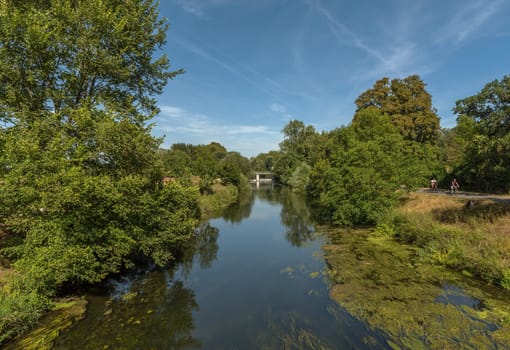 river landscape at river Nidda in Frankfurt, Germany