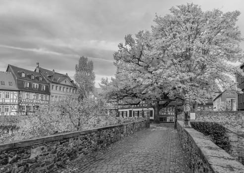 Historic Schlossplatz with bridge, monochrome, Frankfurt Höchst, Germany