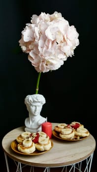 Festive healthy breakfast on a special day, honeymoon, Valentine's Day, Birthday, March 8. Food, cheesecakes with banana and nuts and a table
