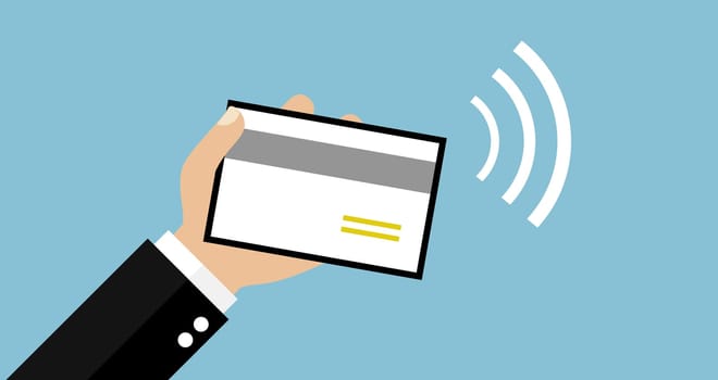 Blue Flat Design Banner: Wireless payment with credit card