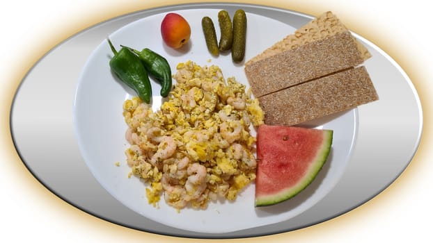 Healthy breakfast with scrambled eggs, juice and fruits