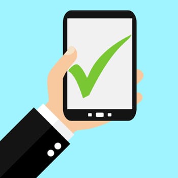 Man holding Smartphone: Check, Approved or Accepted - Flat Design