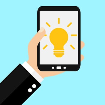 Man holding Smartphone: Creativity Light Bulb - Flat Design