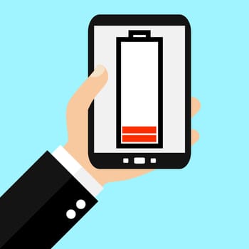 Man holding Smartphone: Empty battery - Flat Design