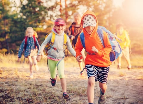 Group of the children with backpacks on the nature near the sea. Concept of the hiking and children's scout camping.