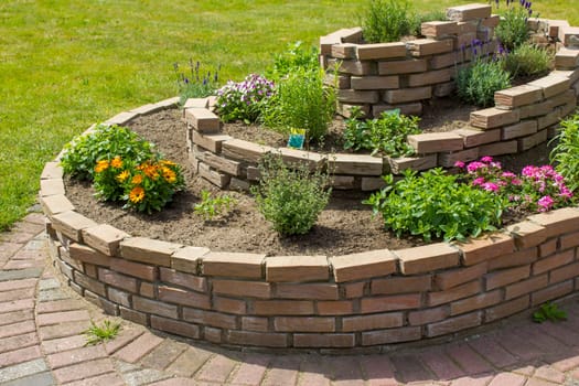 herb spiral in the garden with herbs and flowers