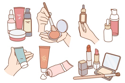 Set of diverse beauty products for makeup. Collection of cosmetics items for face make up. Women daily beauty skincare routine or treatment. Female hygiene and care. Vector illustration.