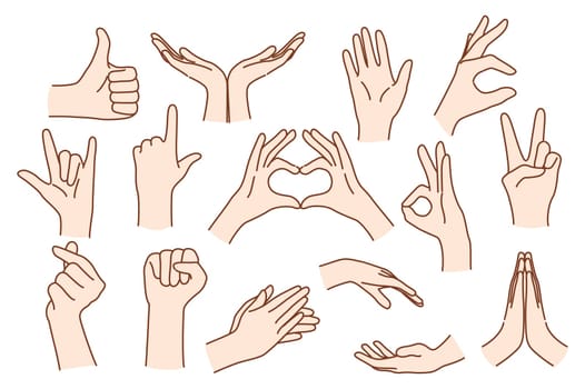 Set of person hands show gestures use sign language
