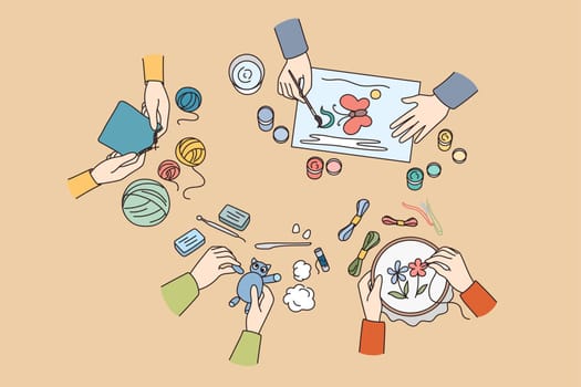 Top view of children drawing, embroidery or knitting class. Kids engaged in creative art workshops on weekend. Educational or artistic lessons for child. Flat vector illustration.