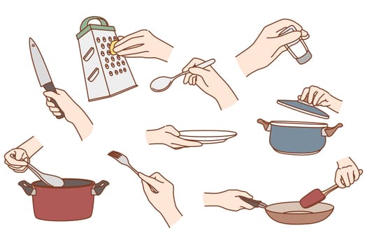 Set of person use kitchen tool prepare food at home or restaurant. Collection of hand cooking utensils or equipment meal preparation. Chef cook classes concept. Vector illustration.