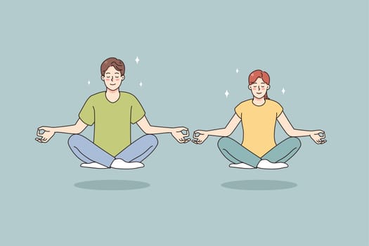 Calm man and woman with mudra hands meditate in lotus position clear thoughts. Happy couple practice yoga with eyes closed relieve negative emotions breathe fresh air. Vector illustration.