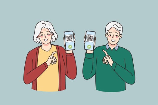 Smiling elderly man and woman show vaccination