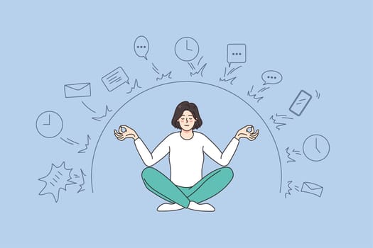 Calm woman sit in lotus position meditate distract from work deals and job troubles. Relaxed female practice yoga have digital detox. Meditation concept. Stress free. Vector illustration.