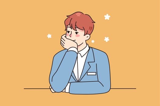 Male concierge sit at desk look in distance dreaming and imagining. Man administrator feel bored at workplace in hotel or business center, lost in dreams and thoughts. Vector illustration.