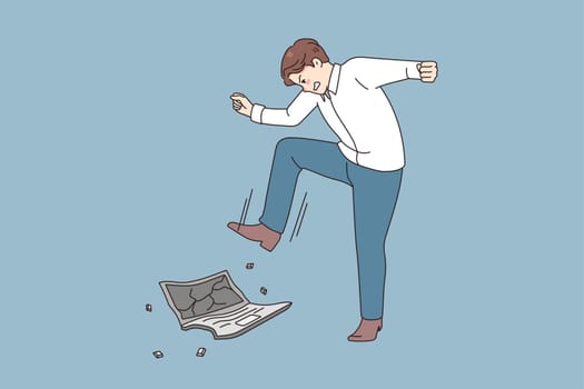 Angry male employee or worker crash laptop feel exhausted overwhelmed with job. Mad furious businessman break computer suffer from work stress or breakdown. Vector illustration.