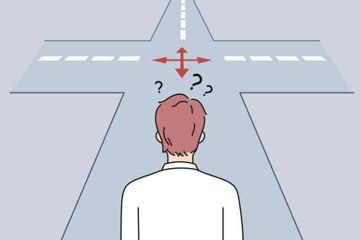 Frustration and choosing way concept. Businessman standing backwards and thinking trying to choose between many opportunities and ways making choice vector illustration