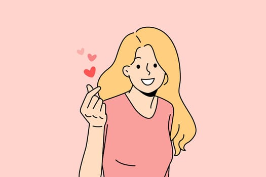 Expressing love and romance concept. Young positive girl feeling love and care in fingers and hands over pink air background vector illustration