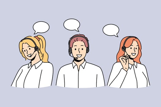 Customer service and call center concept. Group of young people workers in headsets communicating with clients trying to solve problems vector illustration