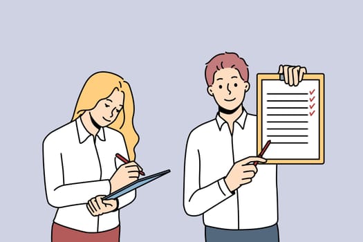 Business training and coach concept. Young smiling businessman coach trainer standing and showing presentation teaching young woman worker vector illustration