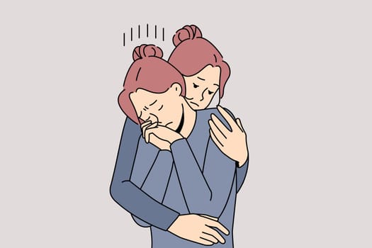 Helping hand and support concept. Sister or friend embracing sad depressed tine sad girl having heavy thoughts feeling sad and disappointed vector illustration