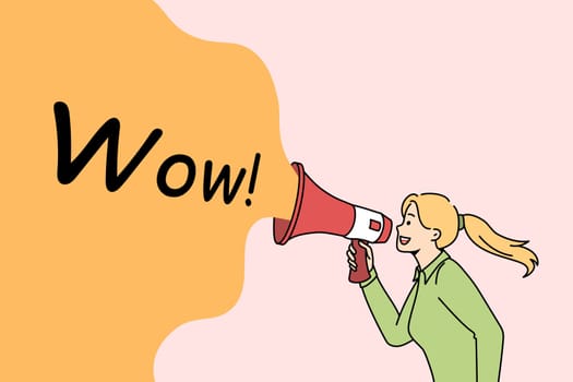 Announcement Getting attention and promotion concept. Young businesswoman standing and shouting at megaphone speaker with wow lettering sign vector illustration