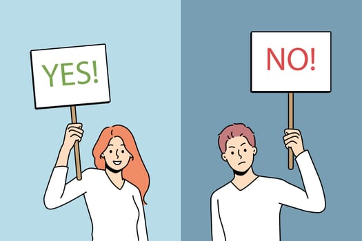 Saying yes or no concept. Young positive woman holding yes sign when negative man holding no sign in hands opposite decisions vector illustration