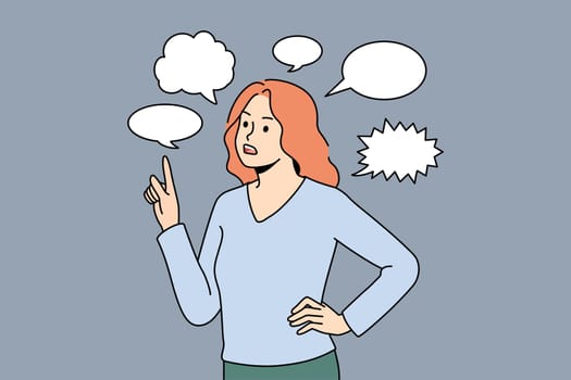 Thinking communication and chat concept. Young frustrated woman standing pointing at speech bubble above communicating thinking vector illustration