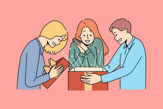 Surprise present and gift concept. Group of smiling cheerful excited people friends standing opening surprise box with magic inside vector illustration