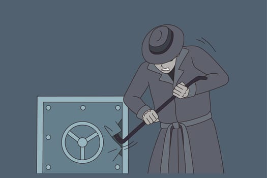 Male criminal break vault for money robbery in office. Man thief or villain rob strongbox with stick. Crime and burglary concept. Finance safety problem. Flat vector illustration.