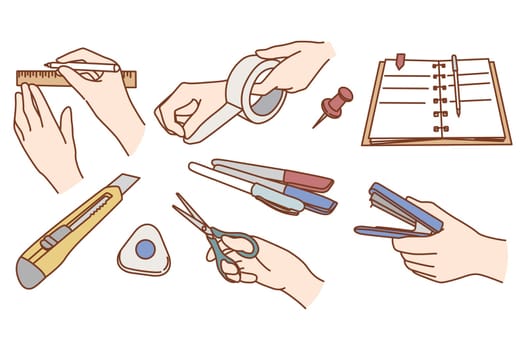 Set of person hand with diverse stationery study or work at desk. Collection of office supplies with student or pupil. Writing equipment for business or school. Flat vector illustration.