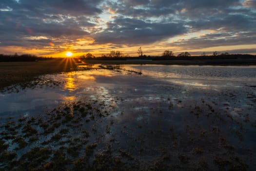 Flooded meadow after downpour, clouds and sunset, Nowiny, Poland