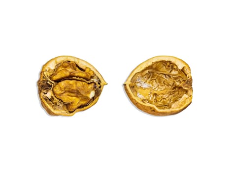 Two halves of a split walnut isolated on a white background. Juglans regia. Walnut shell. Healthy food. Iodine in nuts. Nut core. Vegetarian food. Culinary ingredient. White background.