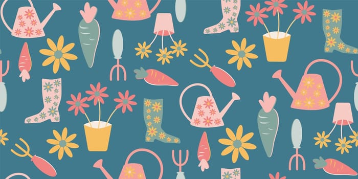 Gardening symbols seamless repeating pattern illustration on dark blue background