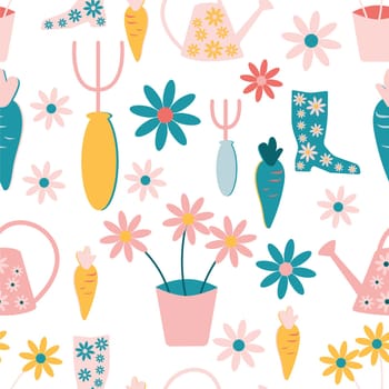 Gardening symbols seamless repeating pattern illustration on white background