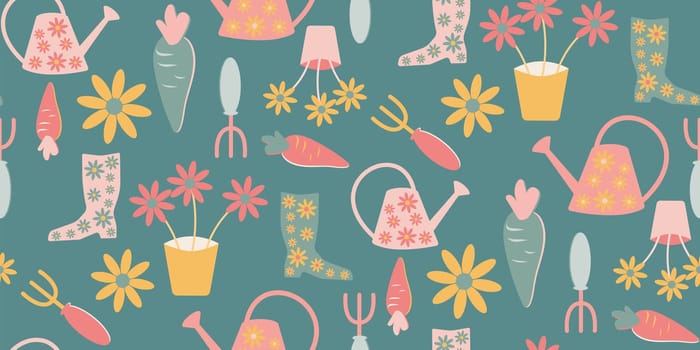 Gardening symbols seamless repeating pattern illustration on dark blue background