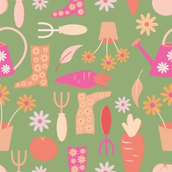 Gardening symbols seamless repeating pattern illustration on green background