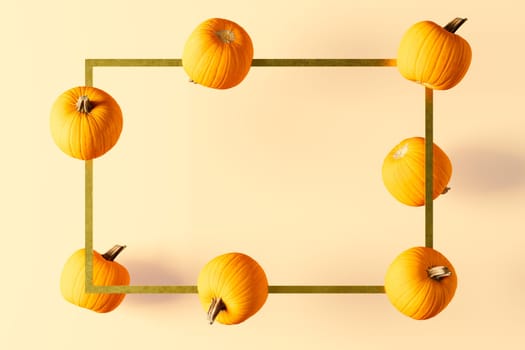 3D rendering of flying pumpkins around a golden rectangle frame. Usable for product or text promotion or showcase