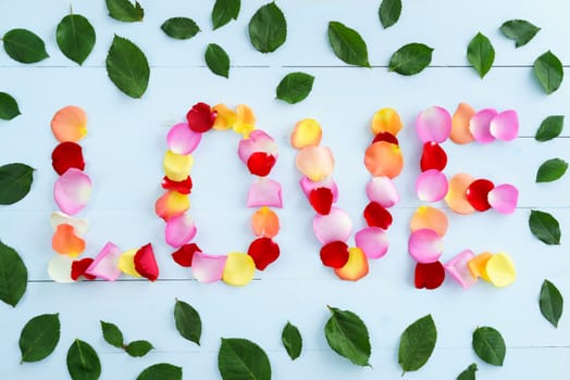 Word love formed out of colorful rose petals on light blue background