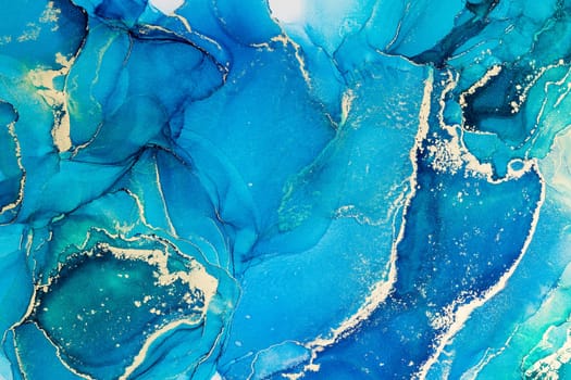 Alcohol ink painting with blue and turquoise colors with gold metallic glitter
