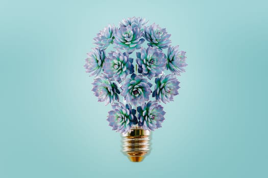 Light bulb with succulents against turquoise backdrop conceptual 3D illustration