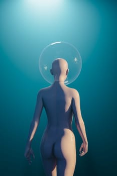 3D illustration of a female humanoid walking in space with a glass dome on her head. She has shiny skin and walks towards the light into the unknown
