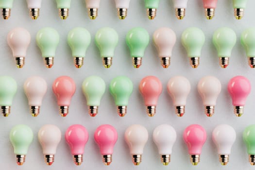 Pastel light bulbs flat lay conceptual 3D illustration