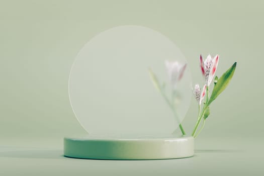 Podium pedestal product mock up display with flowers, 3d illustration