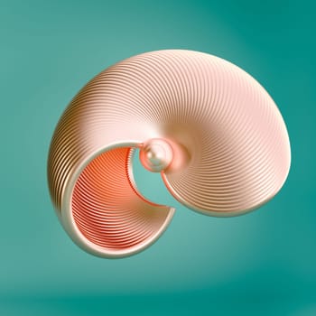 Mussel-inspired geometric shape on turquoise background, 3D illustration