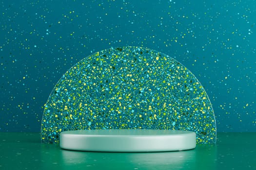 Podium pedestal product mock up display with a half circle terrazzo backdrop, 3d illustration
