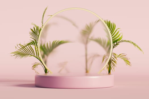 Podium pedestal product mock up display with round frosted glass and tropical leaves, 3d illustration