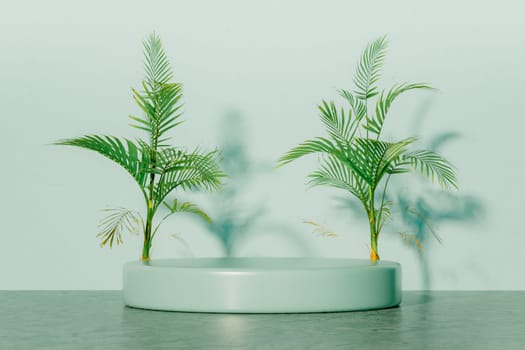 Podium pedestal product mock up display with tropical plants, 3d illustration